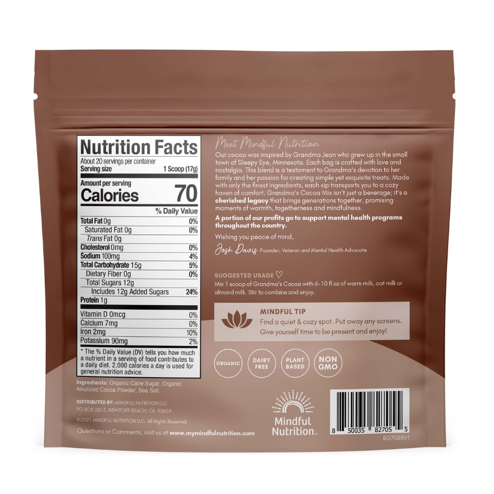 Reusable scoop included with Mindful Nutrition Grandmas Organic Hot Chocolate Mix for easy measuring.