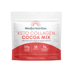 Mindful Nutrition Keto Protein Cocoa Mix bottle highlights a dairy-free, sugar-free hot chocolate option.