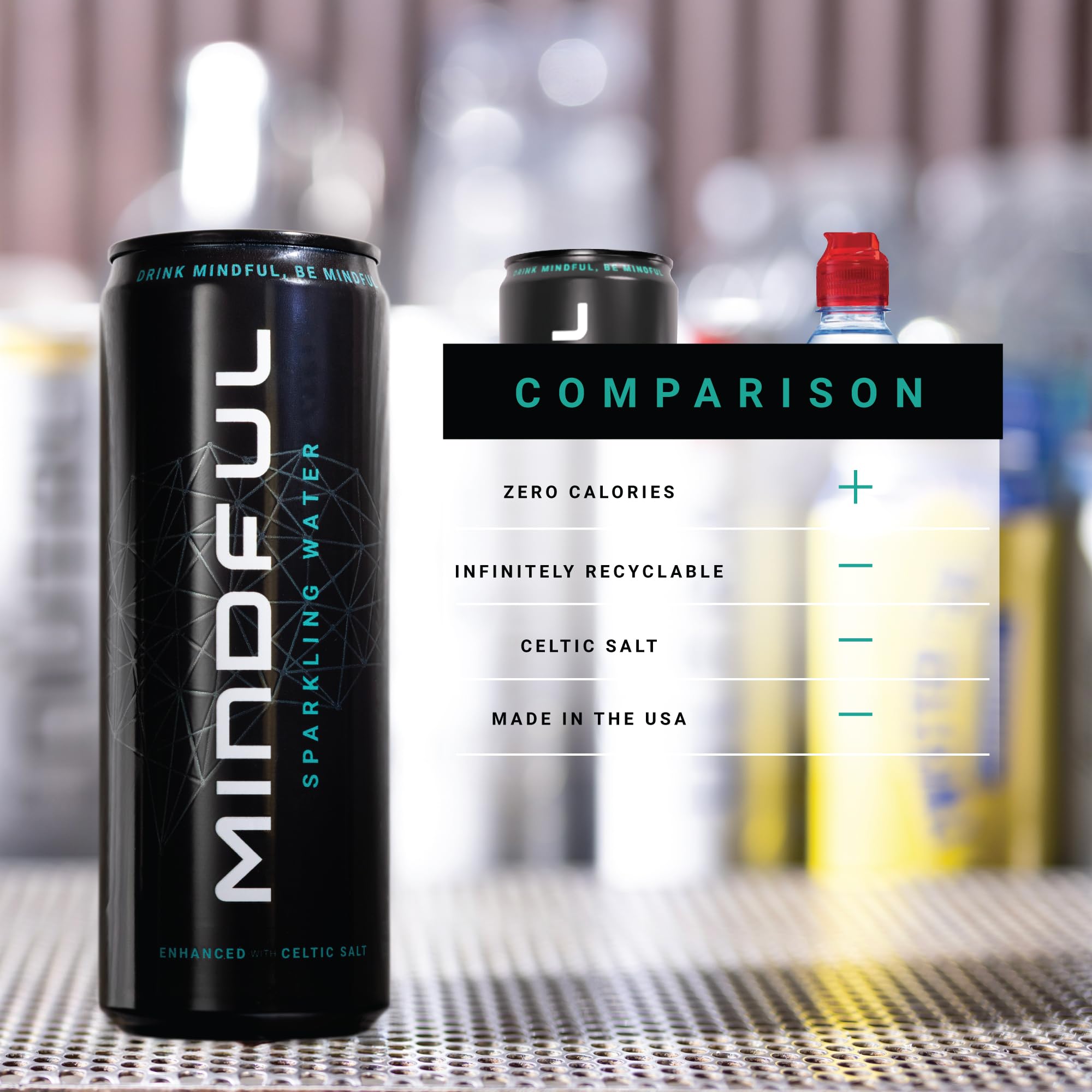 MINDFUL Sparkling Water on a desk setup suggests focused, refreshing hydration during work.