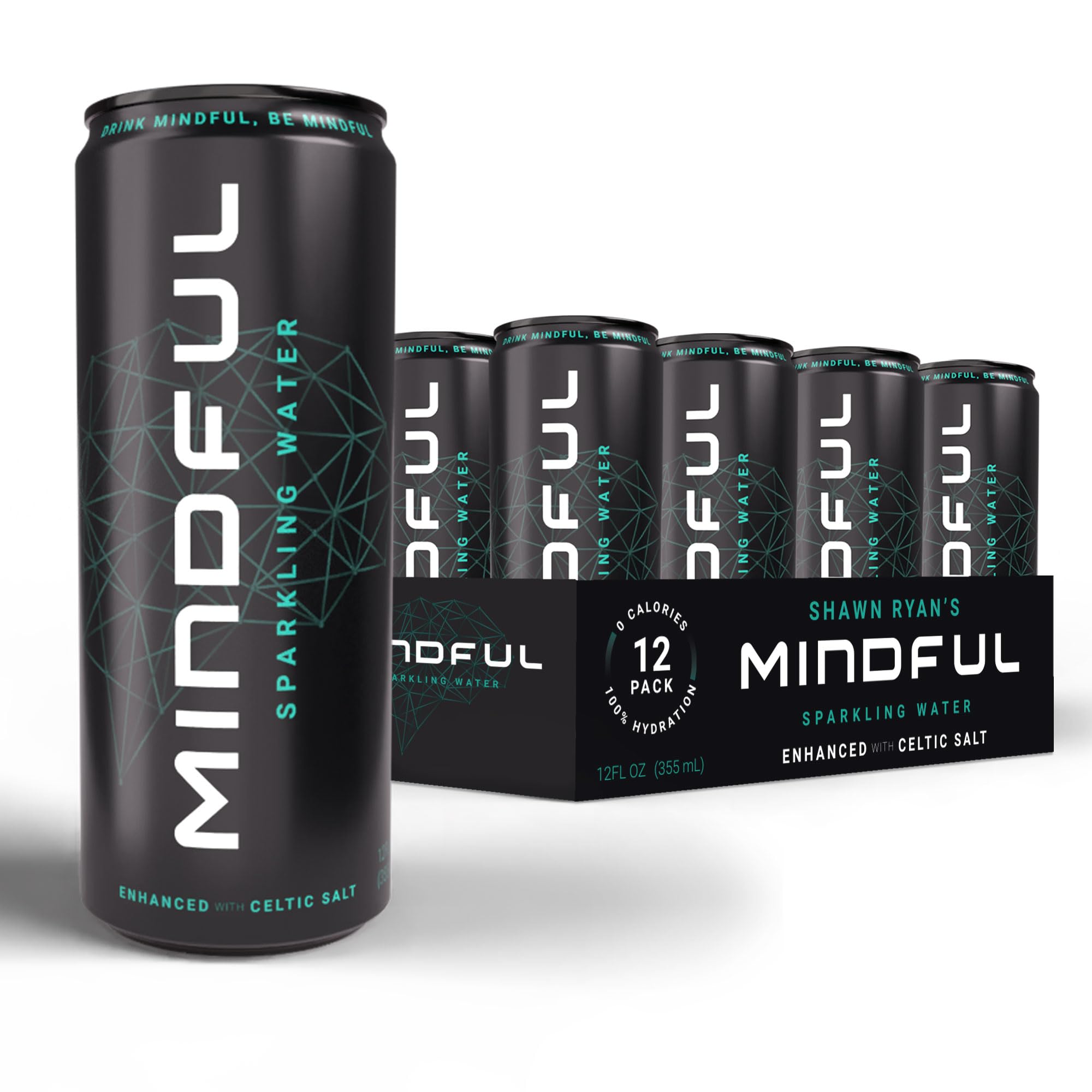 MINDFUL Sparkling Water can-front view highlights clean, sugar-free hydration with Celtic salt.