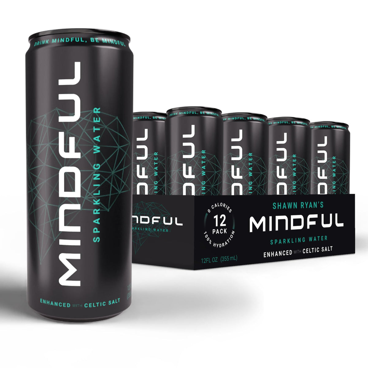 MINDFUL Sparkling Water can-front view highlights clean, sugar-free hydration with Celtic salt.