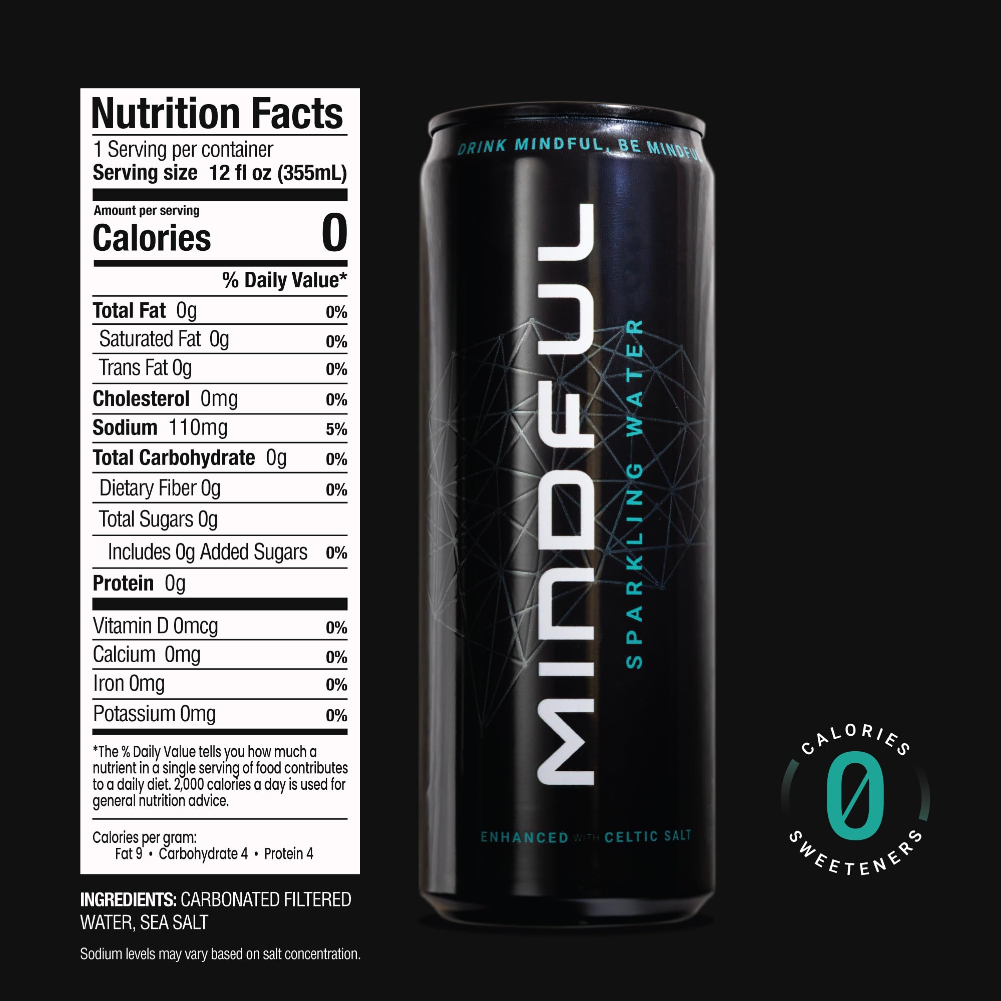 MINDFUL Sparkling Water can-side view shows a portable, travel-ready 12-pack.