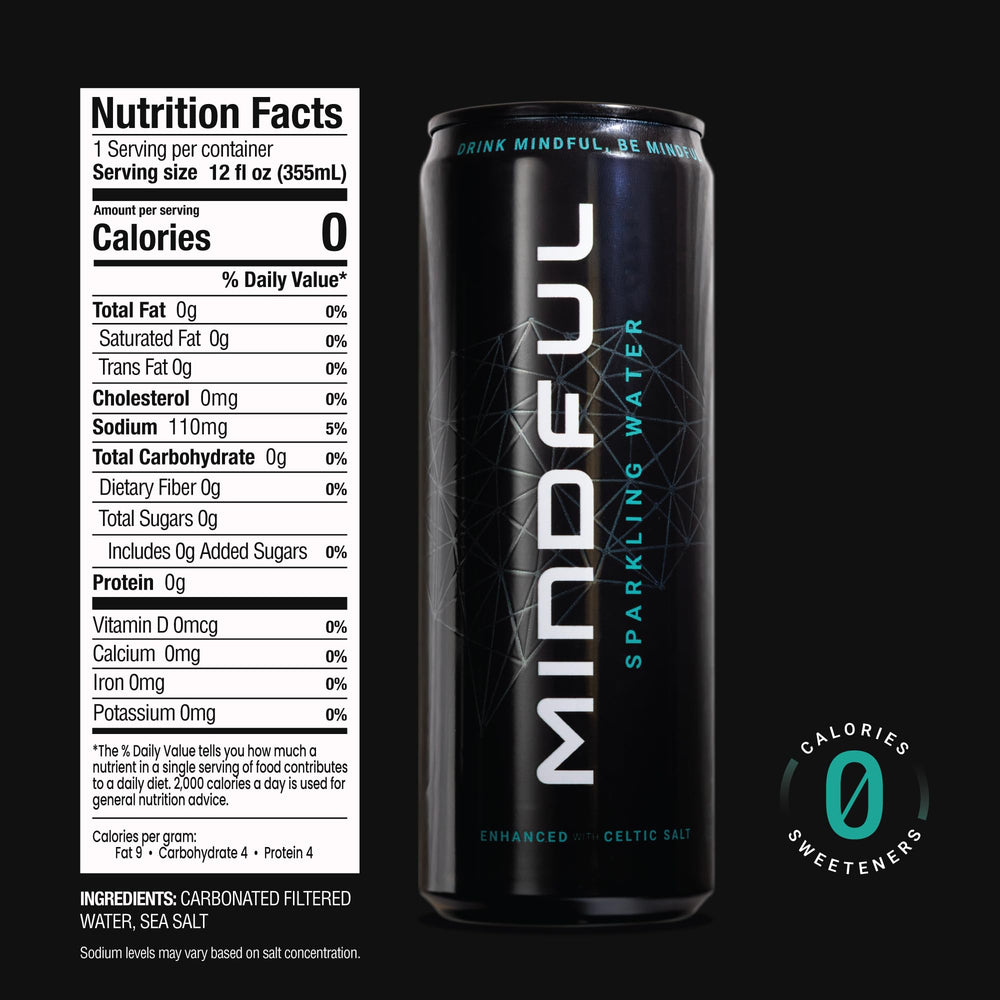 MINDFUL Sparkling Water can-side view shows a portable, travel-ready 12-pack.