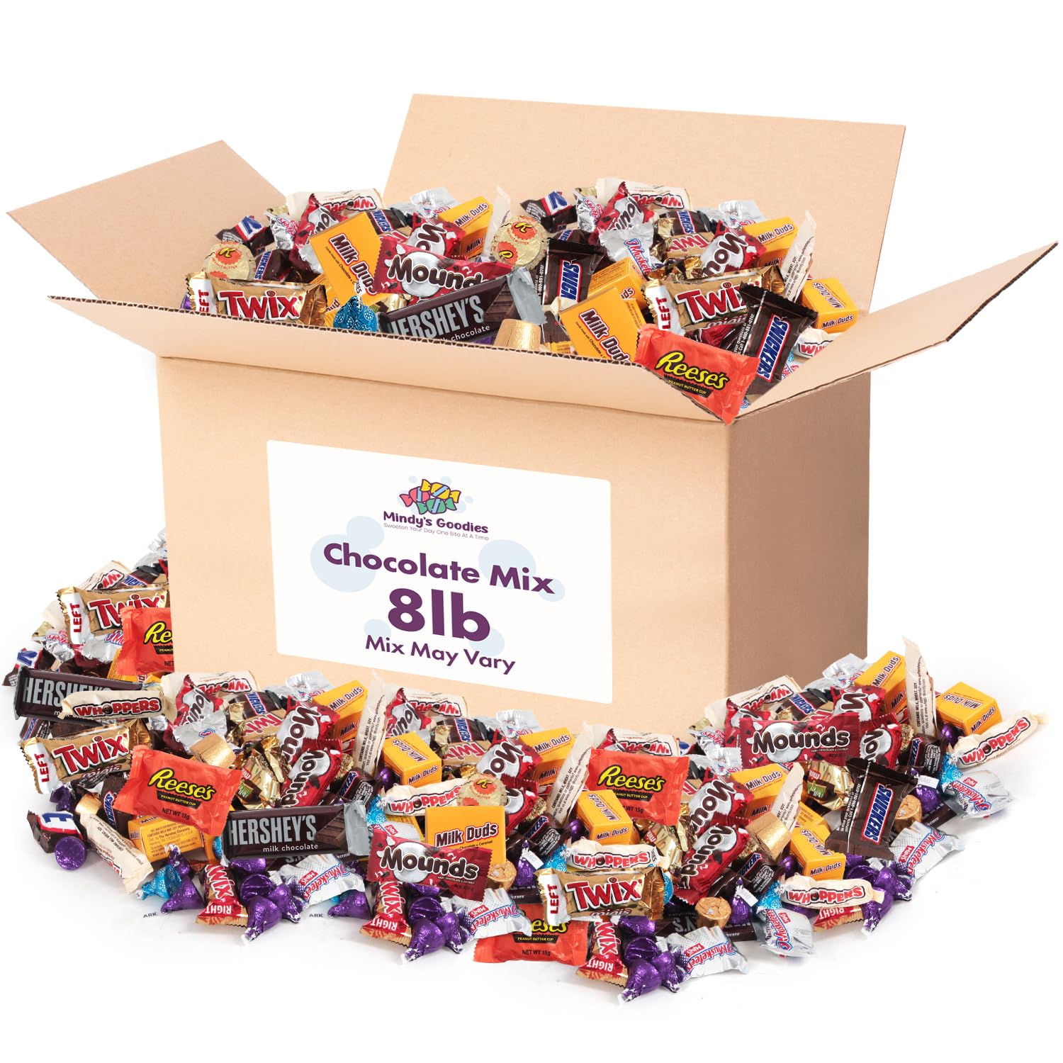 Mindys Goodies chocolate variety pack 8lb bulk display of assorted treats for sharing.