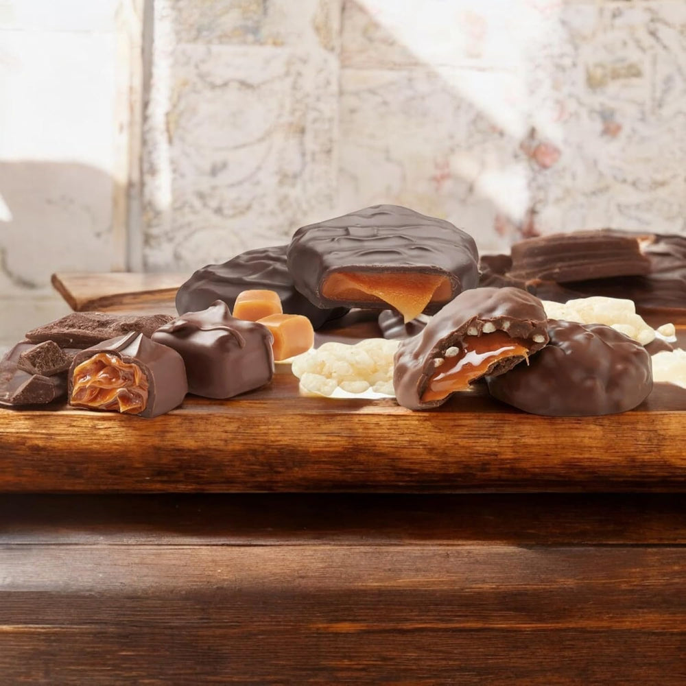 Mindys Goodies dark chocolate caramel with crispies textural contrast.