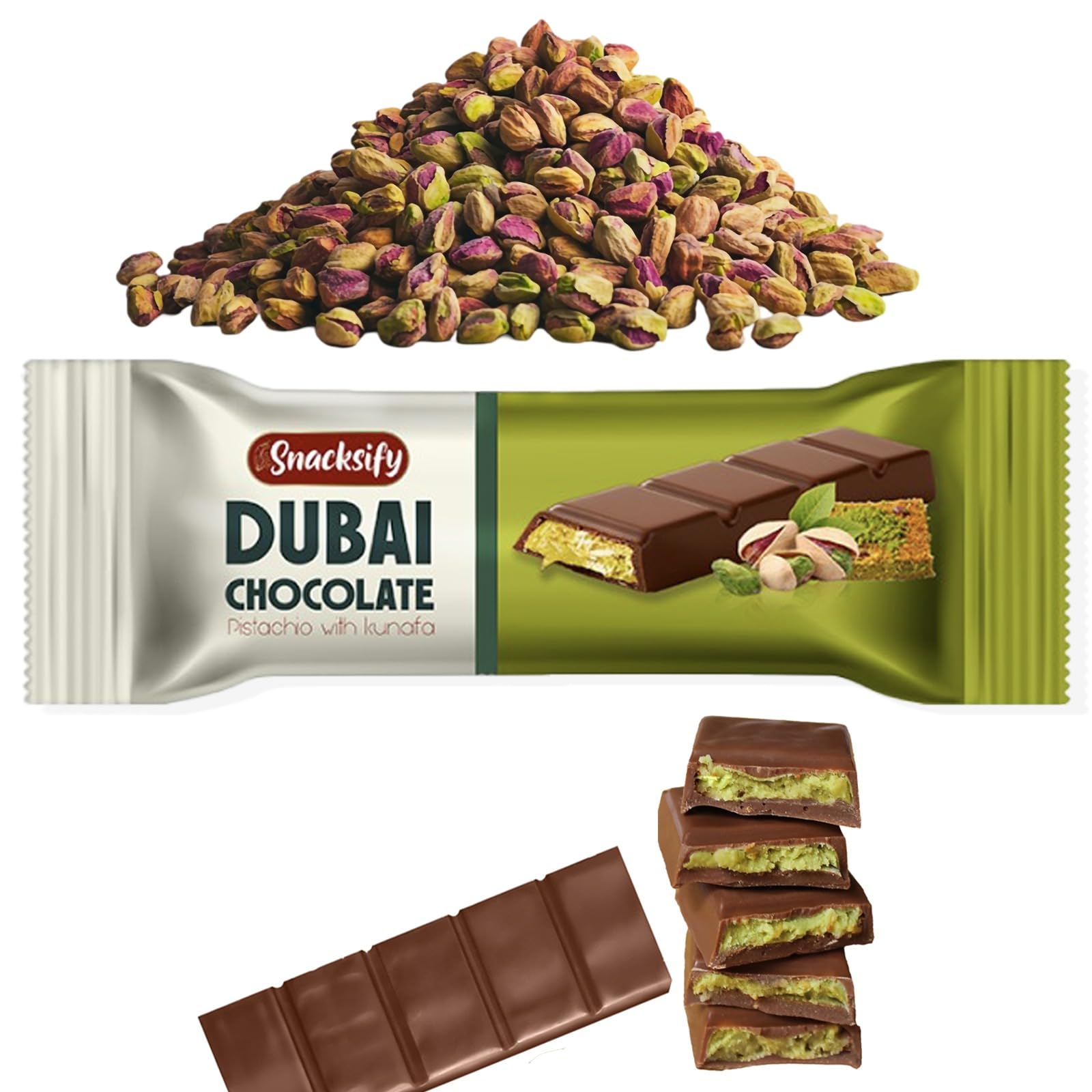 Mini Dubai pistachio chocolate bar closeup shows rich pistachios texture.