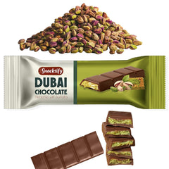Mini Dubai pistachio chocolate bar closeup shows rich pistachios texture.