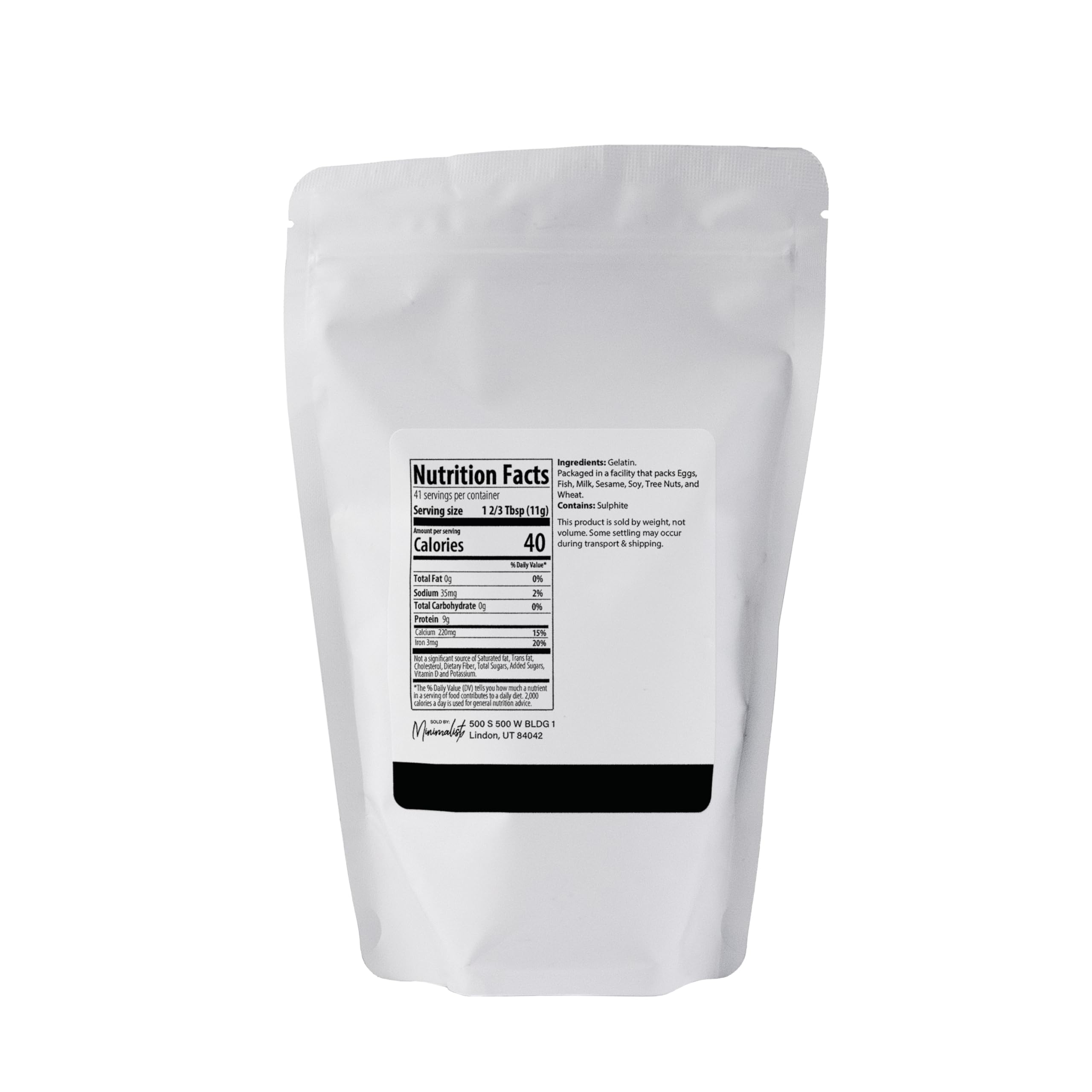 Open bag of Minimalist gelatin powder on a clean counter for quick dessert prep.