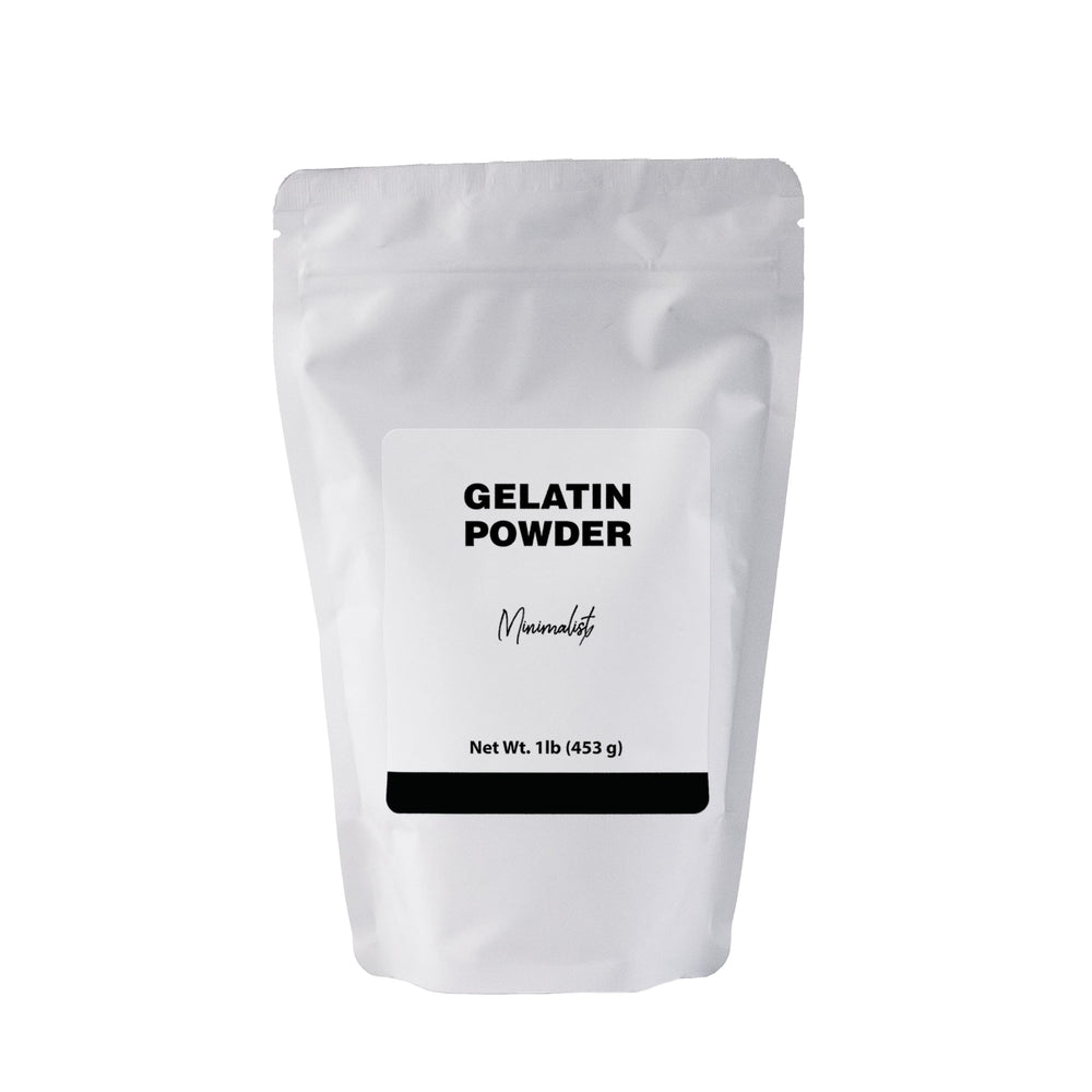 Minimalist gelatin powder in a resealable bag for easy storage and quick use.
