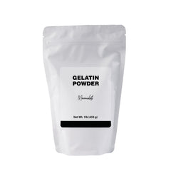 Minimalist gelatin powder in a resealable bag for easy storage and quick use.