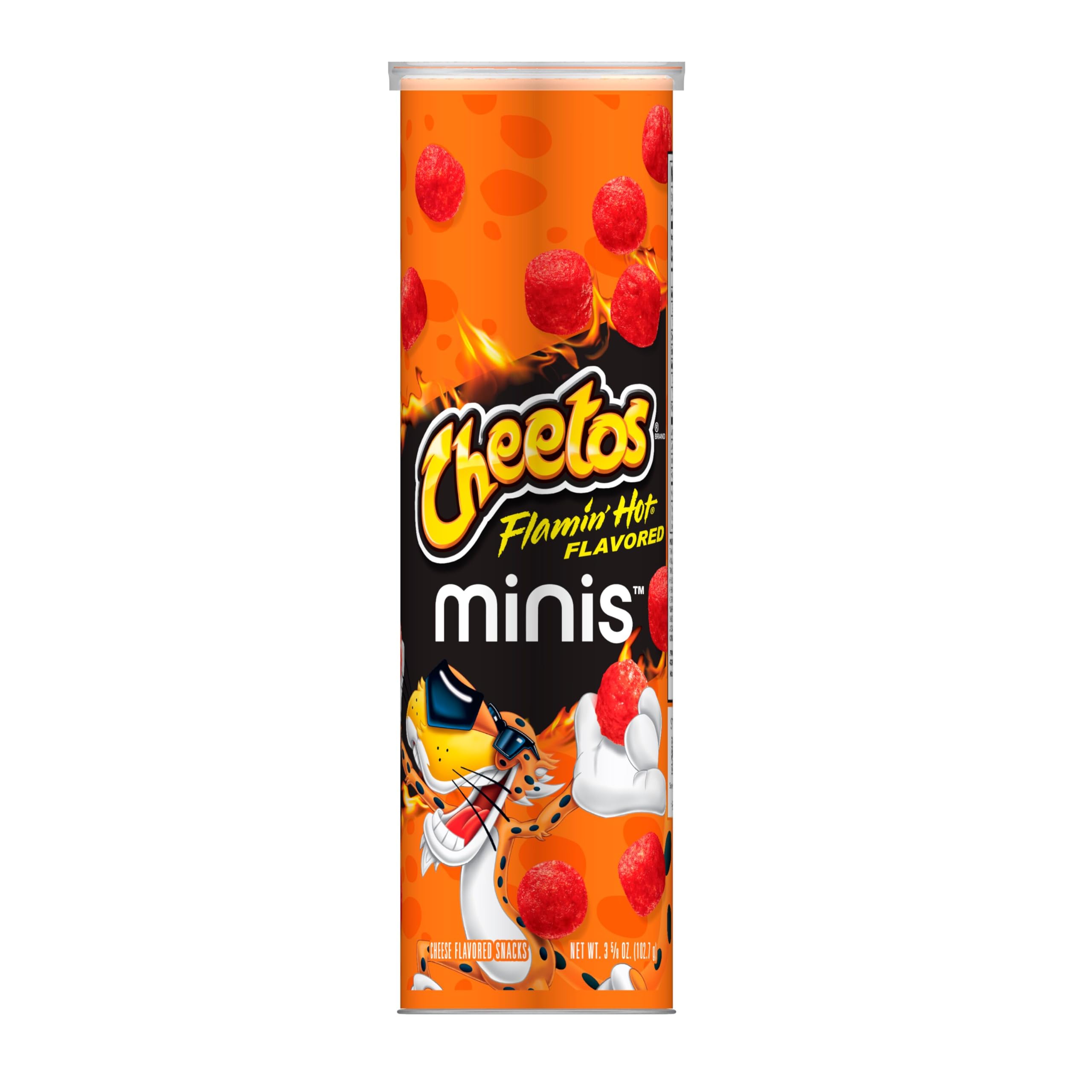 Minis Cheetos Flamin' Hot Bites in canister with resealable lid for on-the-go snacking