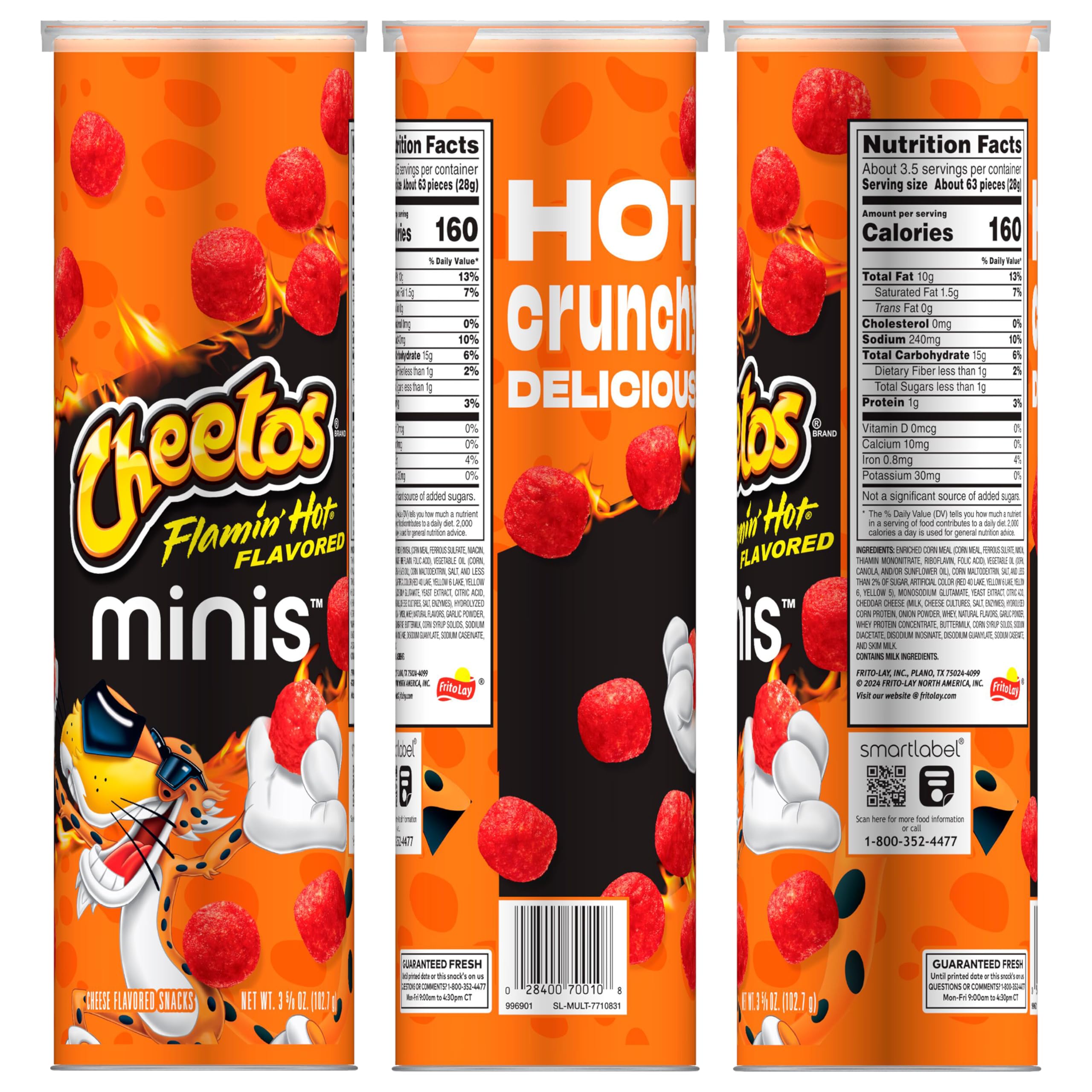 Minis Cheetos Flamin' Hot Bites ready for travel-friendly munching in a compact canister