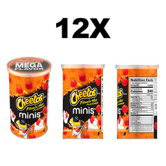 Open Minis Cheetos Flamin' Hot canister; crispy bites for quick, tasty bites.