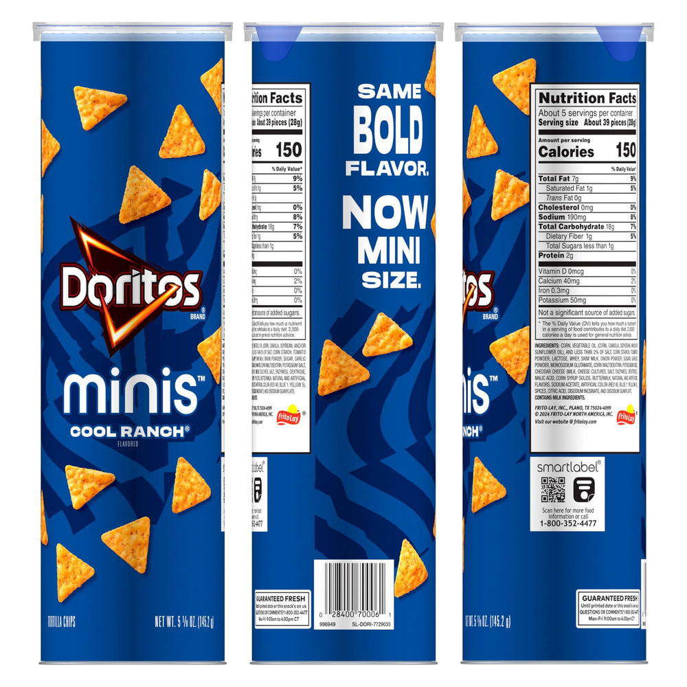 Doritos Minis Cool Ranch chips offer bold flavor in bite-sized crunch.