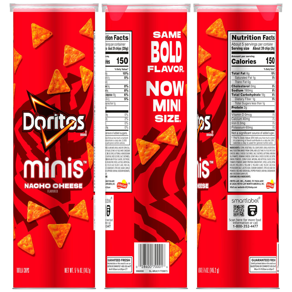 Minis Doritos Nacho Cheese close-up shows bold crisp flavor.