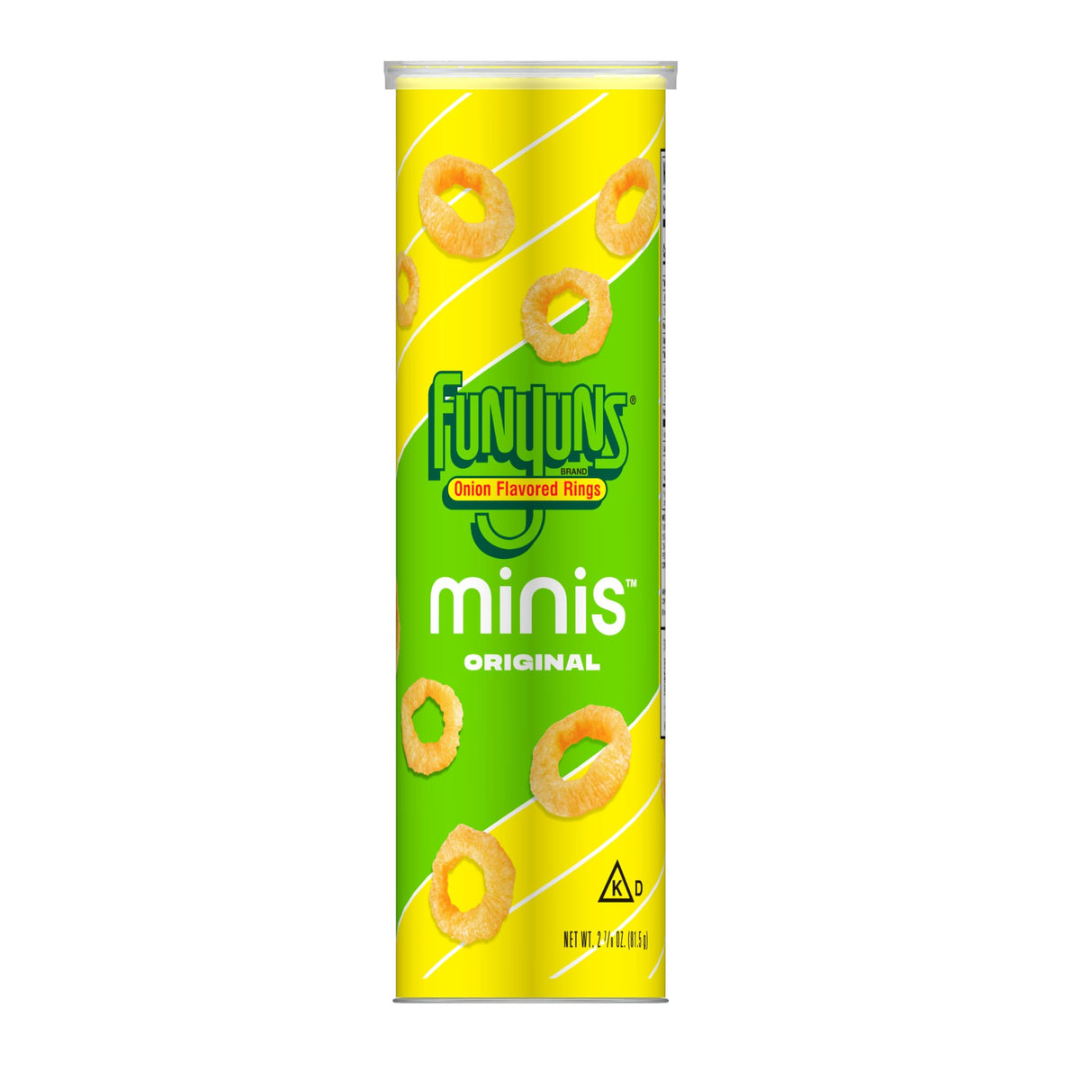 Minis Funyuns Original canister front view, convenient bite-sized snack for on-the-go