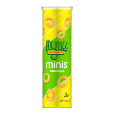 Minis Funyuns Original canister front view, convenient bite-sized snack for on-the-go