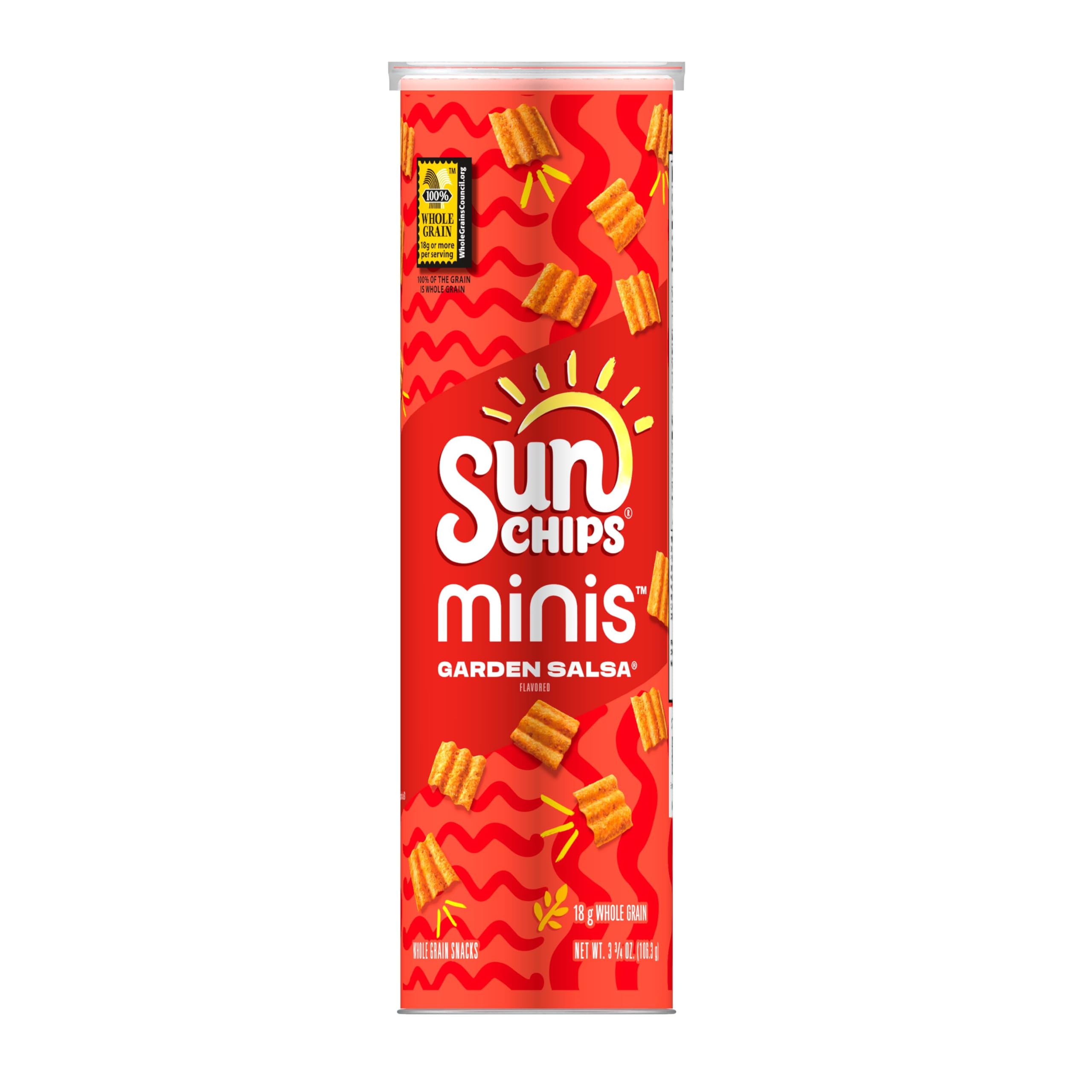 Minis SunChips Garden Salsa canister on a kitchen counter for convenient snacking