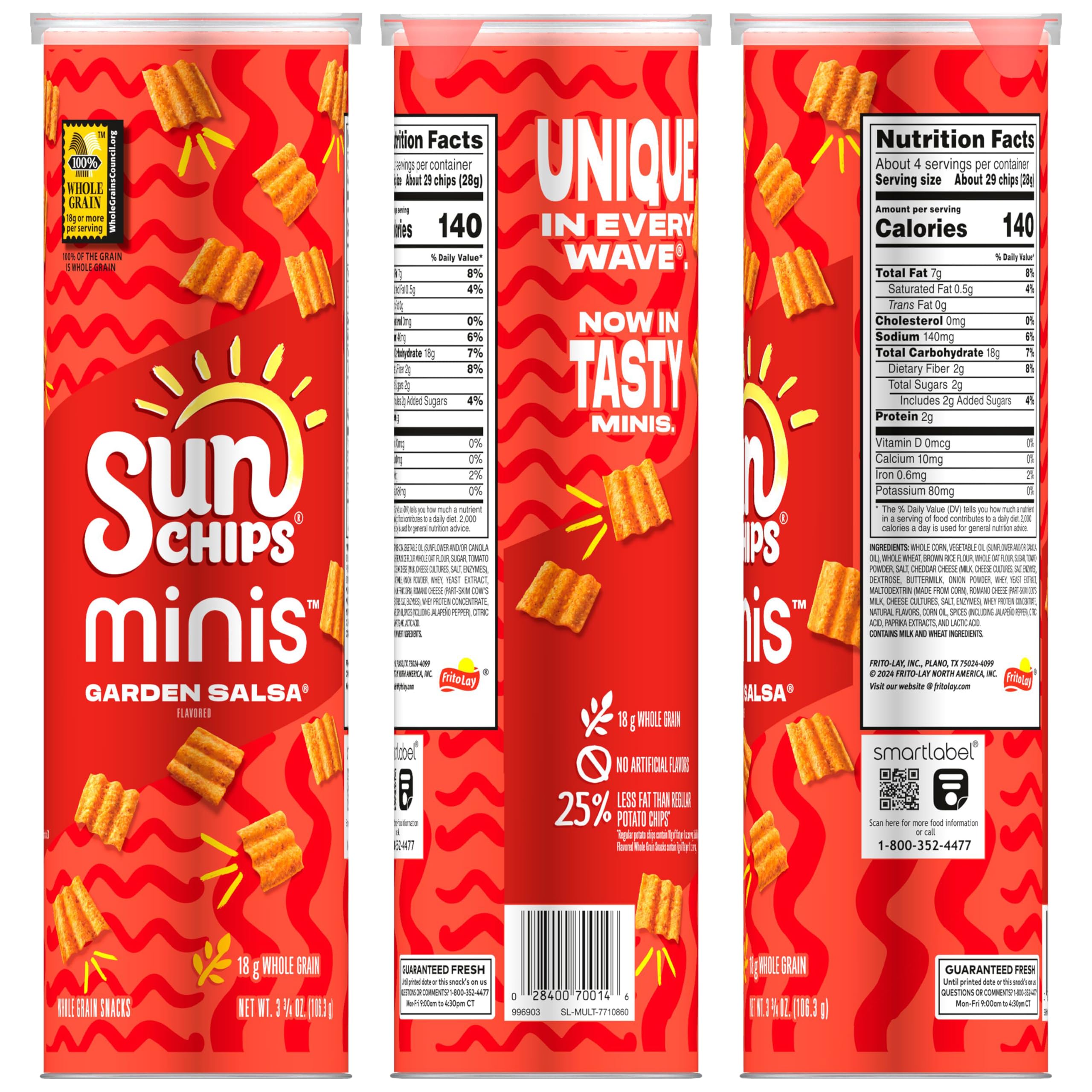 Minis SunChips Garden Salsa pack opened, showing bite-sized chips for sharing