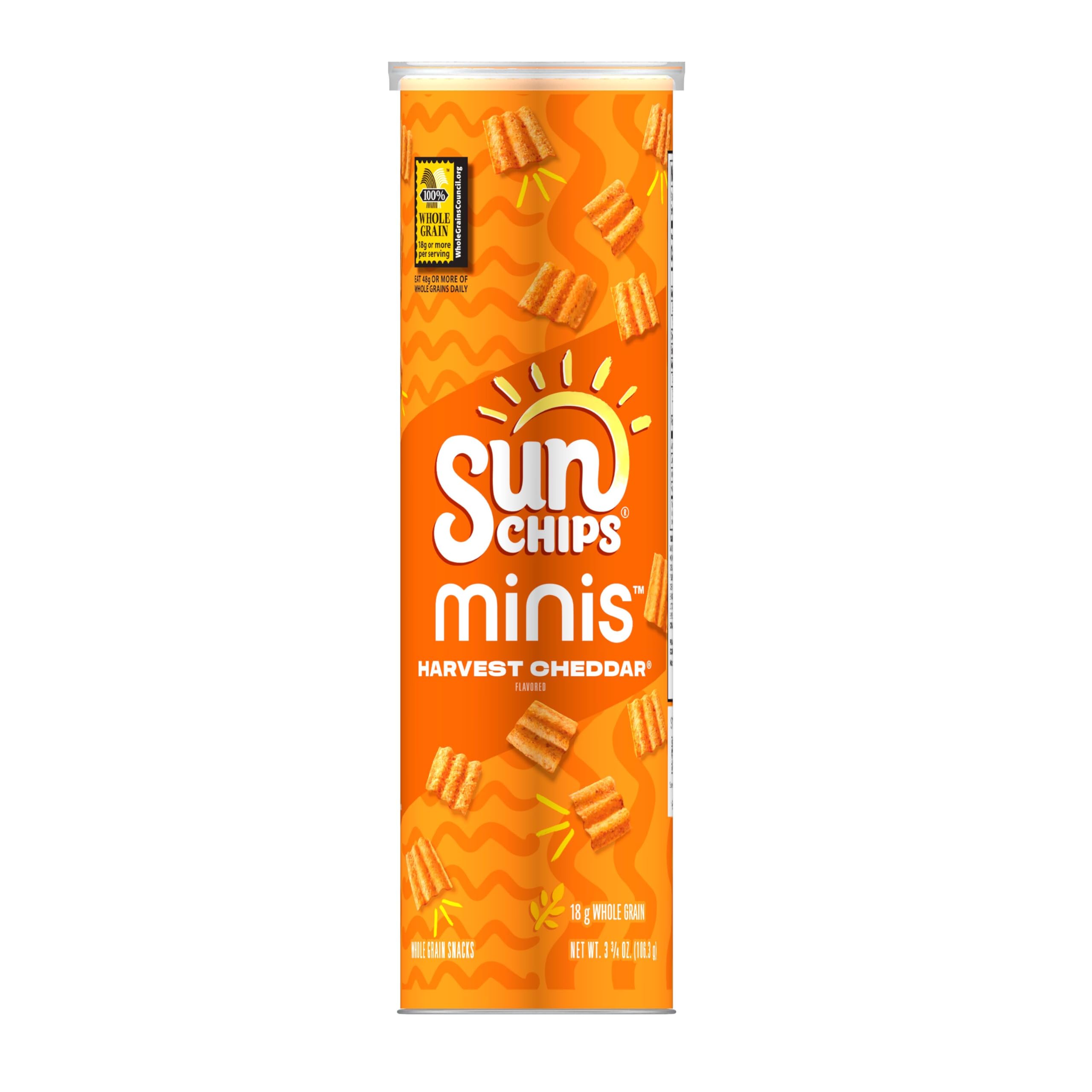 Minis SunChips Harvest Cheddar canister front for a portable whole grain snack