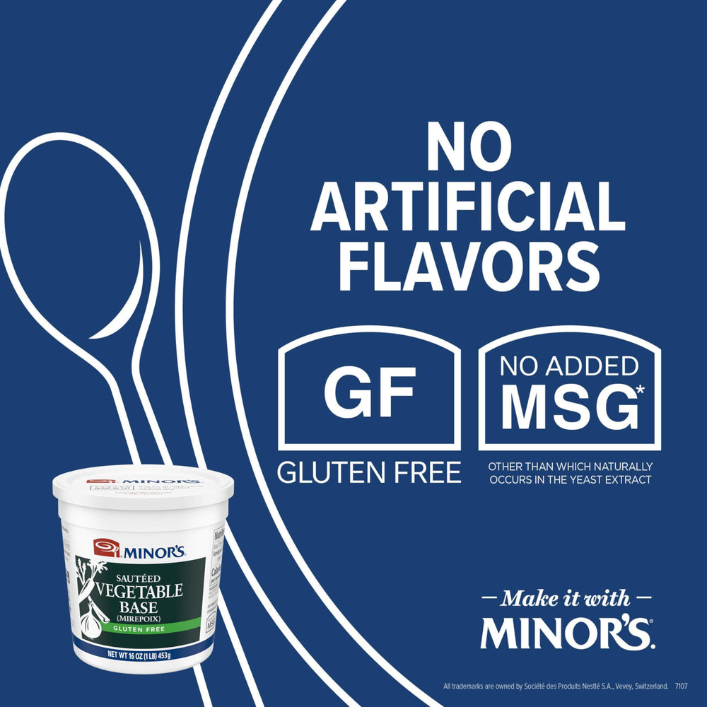 MINOR'S Mirepoix label close-up highlights gluten-free and flavor notes