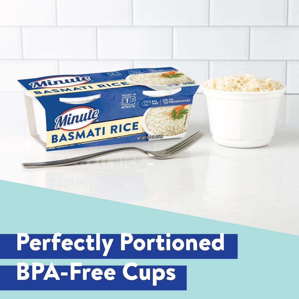 Minute basmati rice cup open reveals fluffy, ready-to-eat grains.