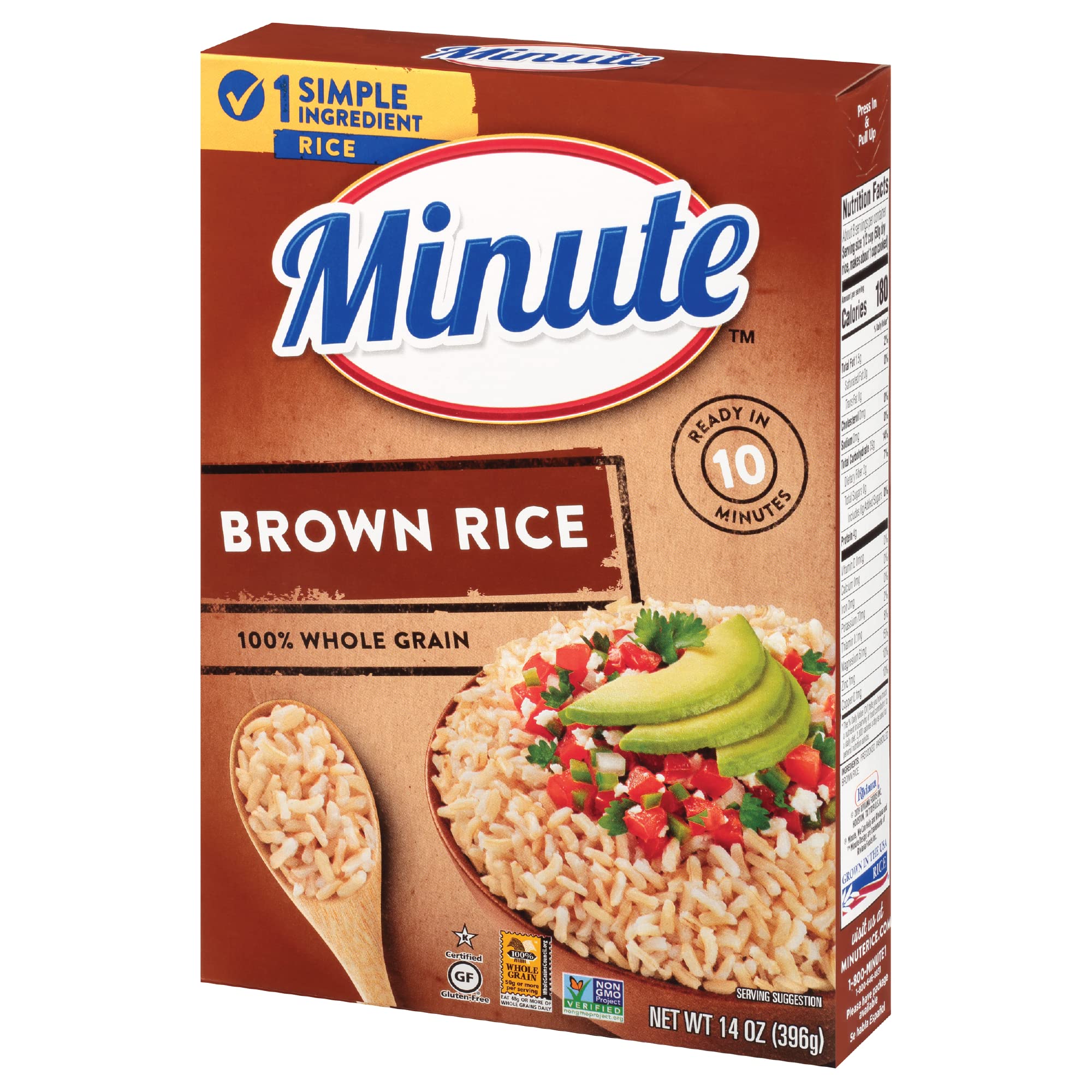 Minute Brown Rice box packaging on kitchen counter, a convenient single-ingredient pantry staple