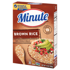 Minute Brown Rice box packaging on kitchen counter, a convenient single-ingredient pantry staple