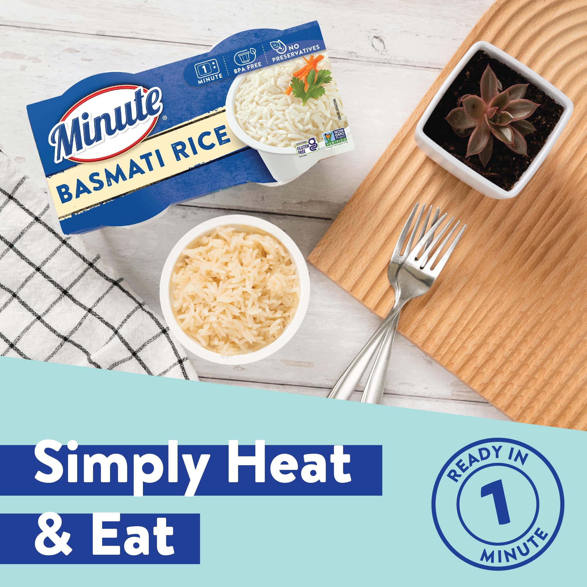 Minute gluten-free basmati rice cup highlights no preservatives for a cleaner option.