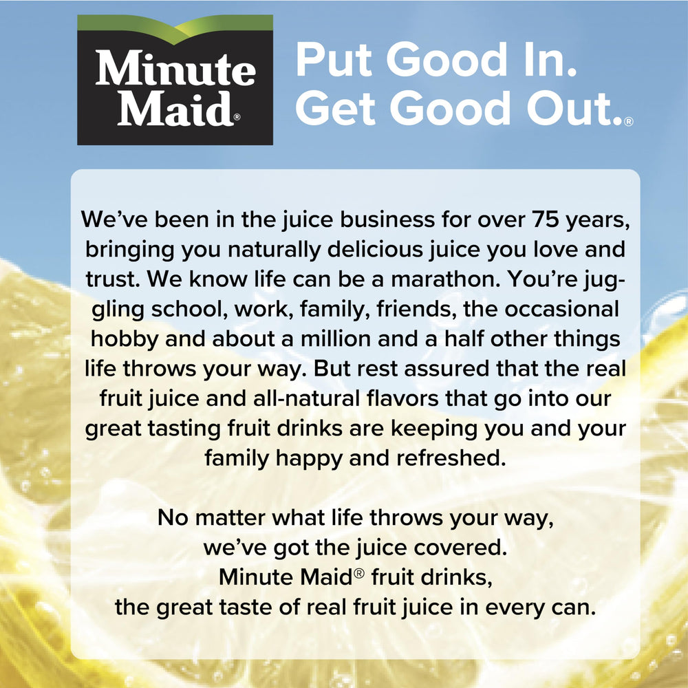Condensation on Minute Maid Lemonade bottle signaling refreshing flavor.