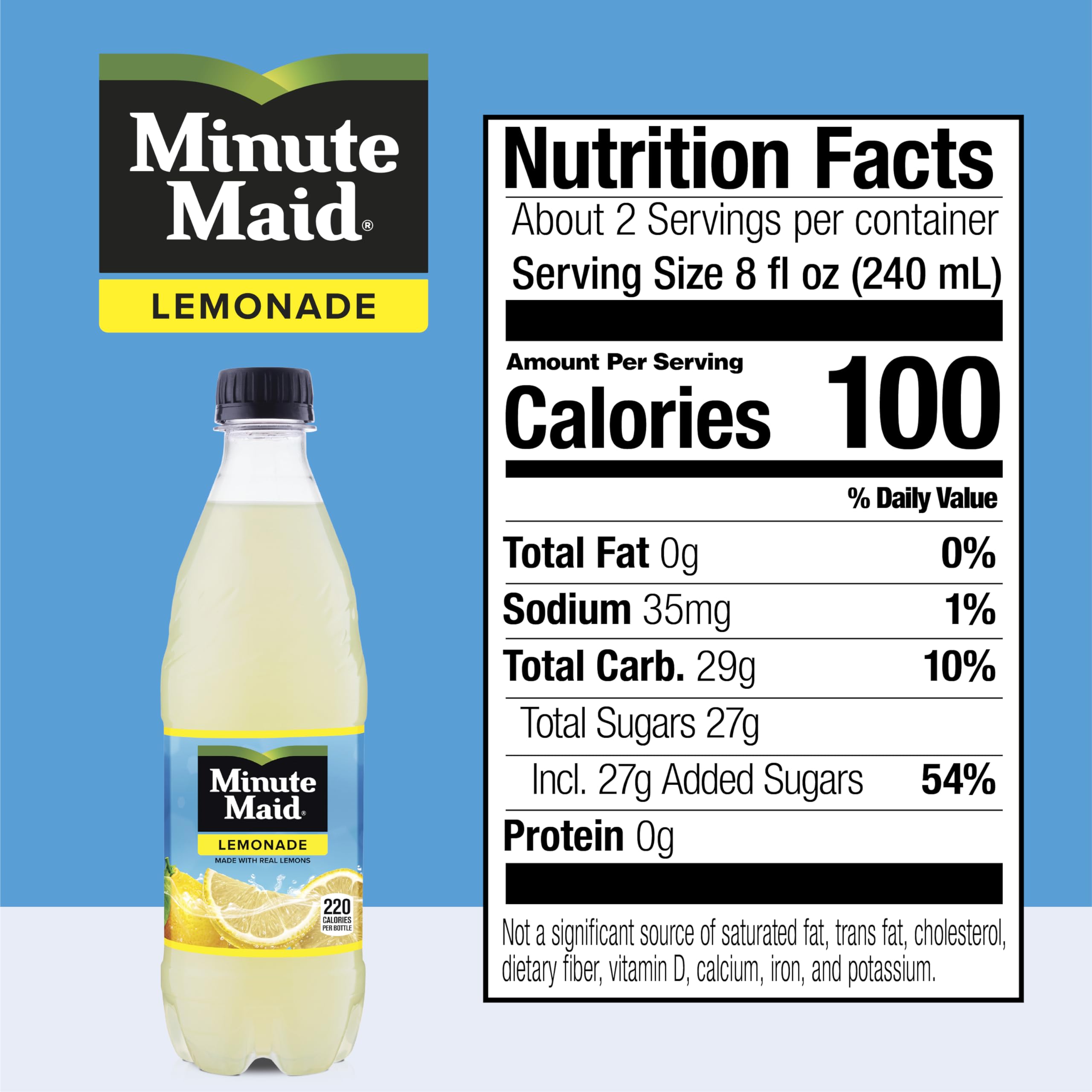 Close-up label of Minute Maid Lemonade showing real lemons.