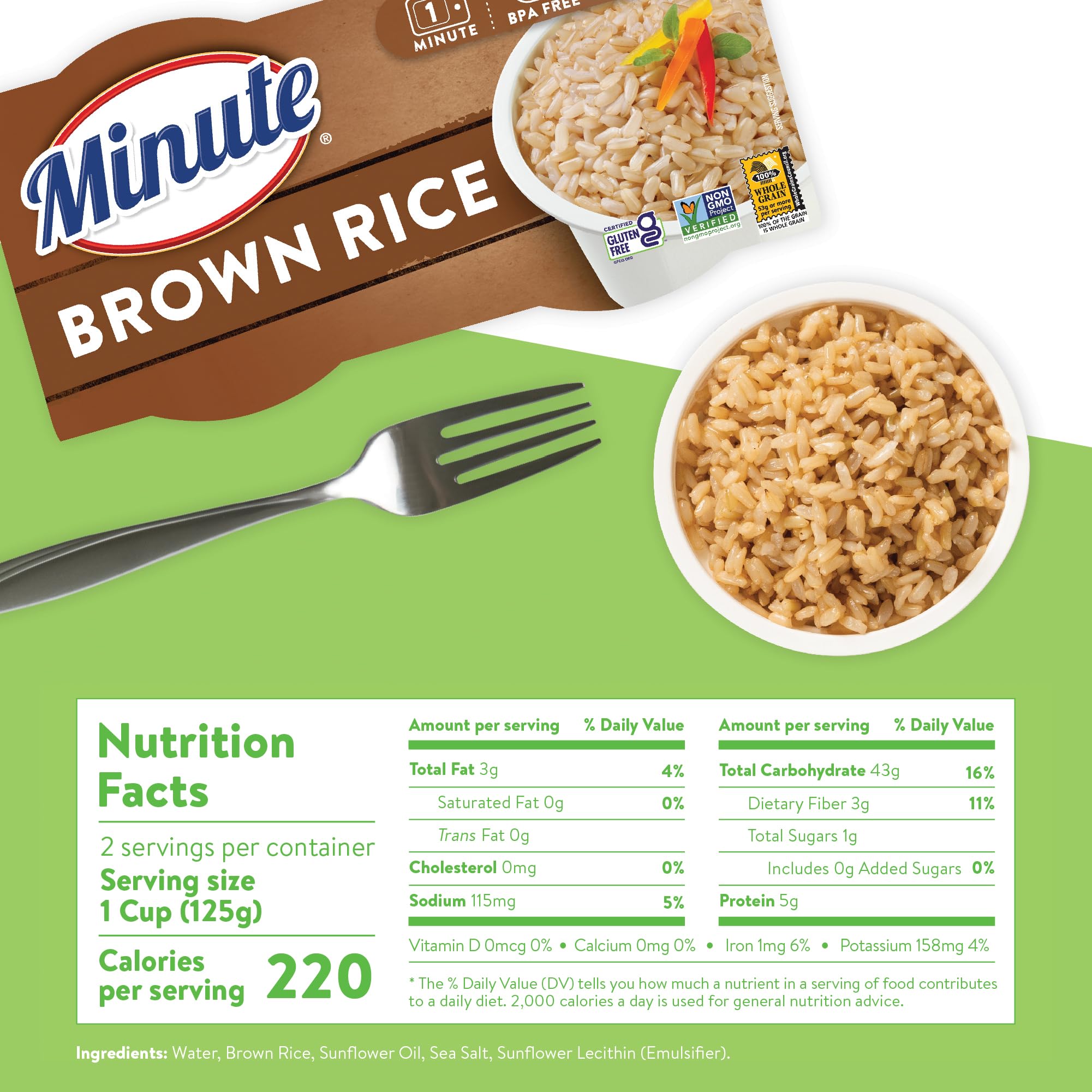 Minute Ready-to-Serve Brown Rice Cups microwavable; fluffy texture after 60 seconds.