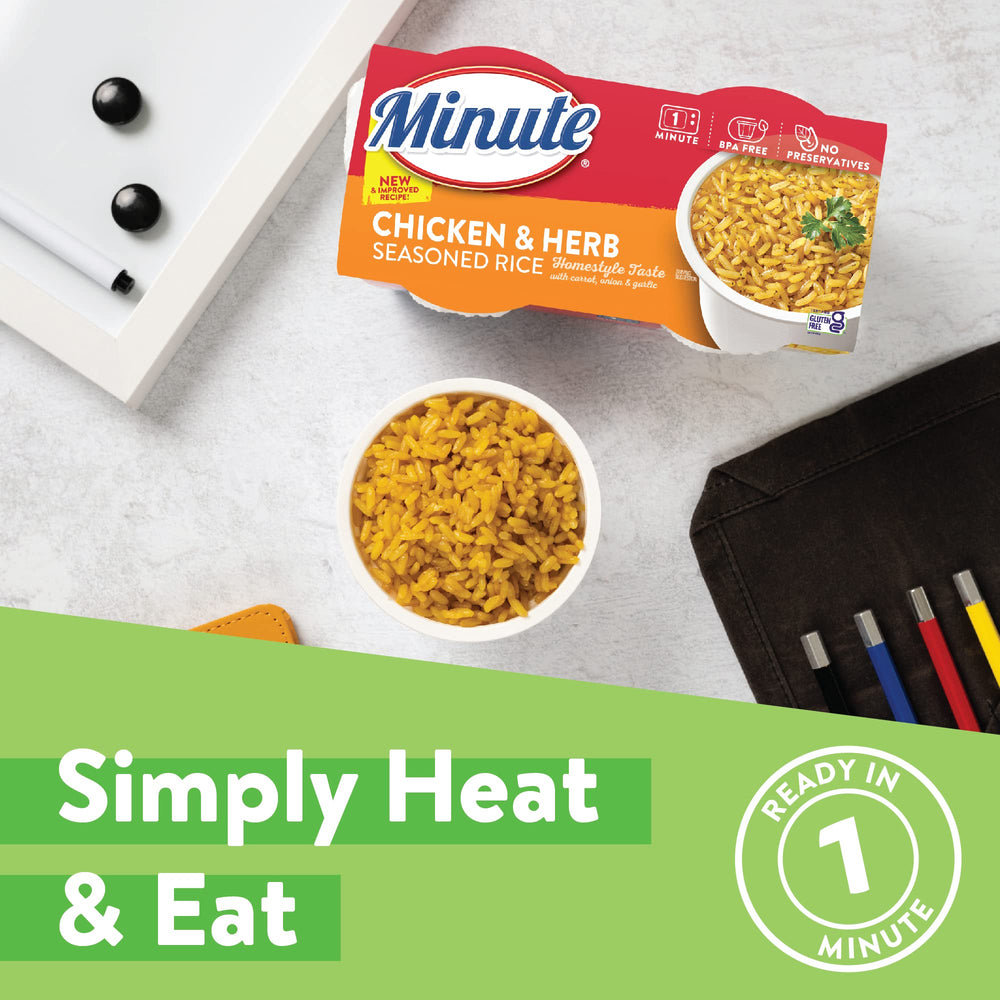 Minute Ready-to-Serve chicken herb rice ingredients with carrot, onion, and garlic