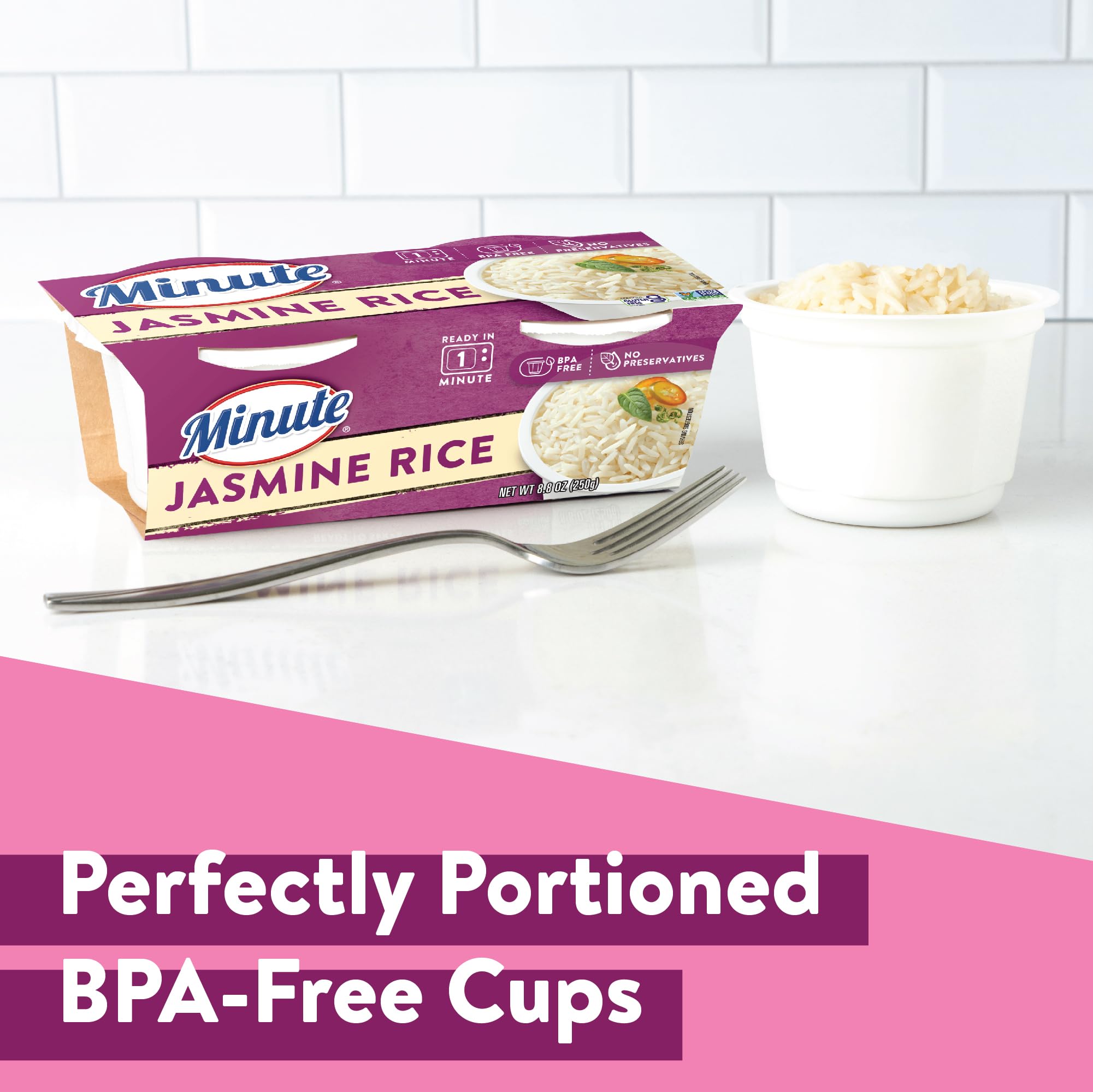Minute Jasmine Rice cups highlighting gluten-free and preservative-free convenience