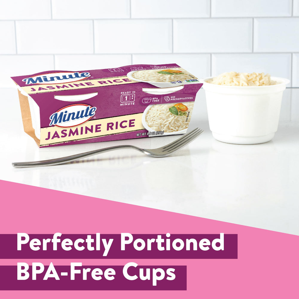 Minute Jasmine Rice cups highlighting gluten-free and preservative-free convenience