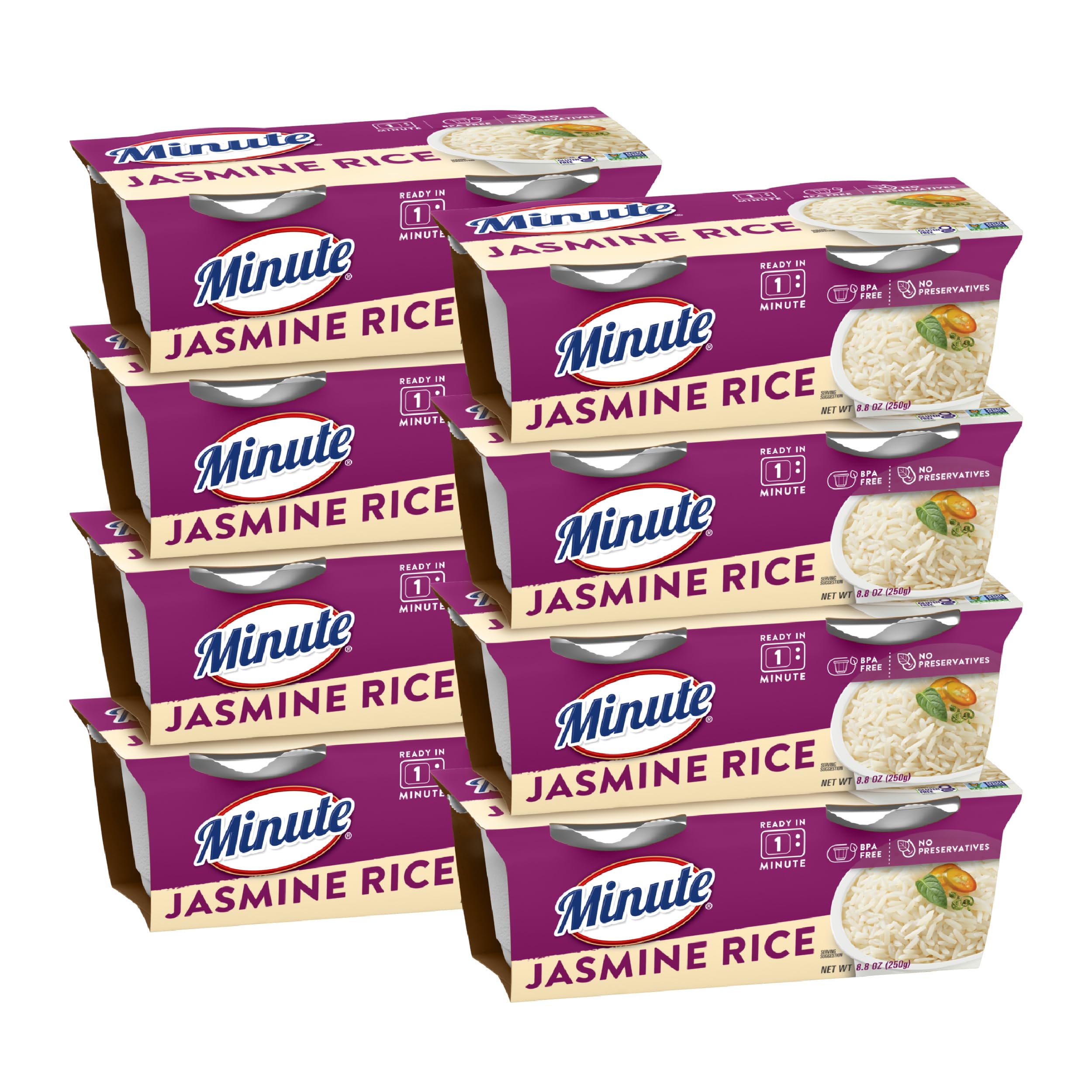 Minute Ready-to-Serve Jasmine Rice cups packaging showing quick, mess-free meals
