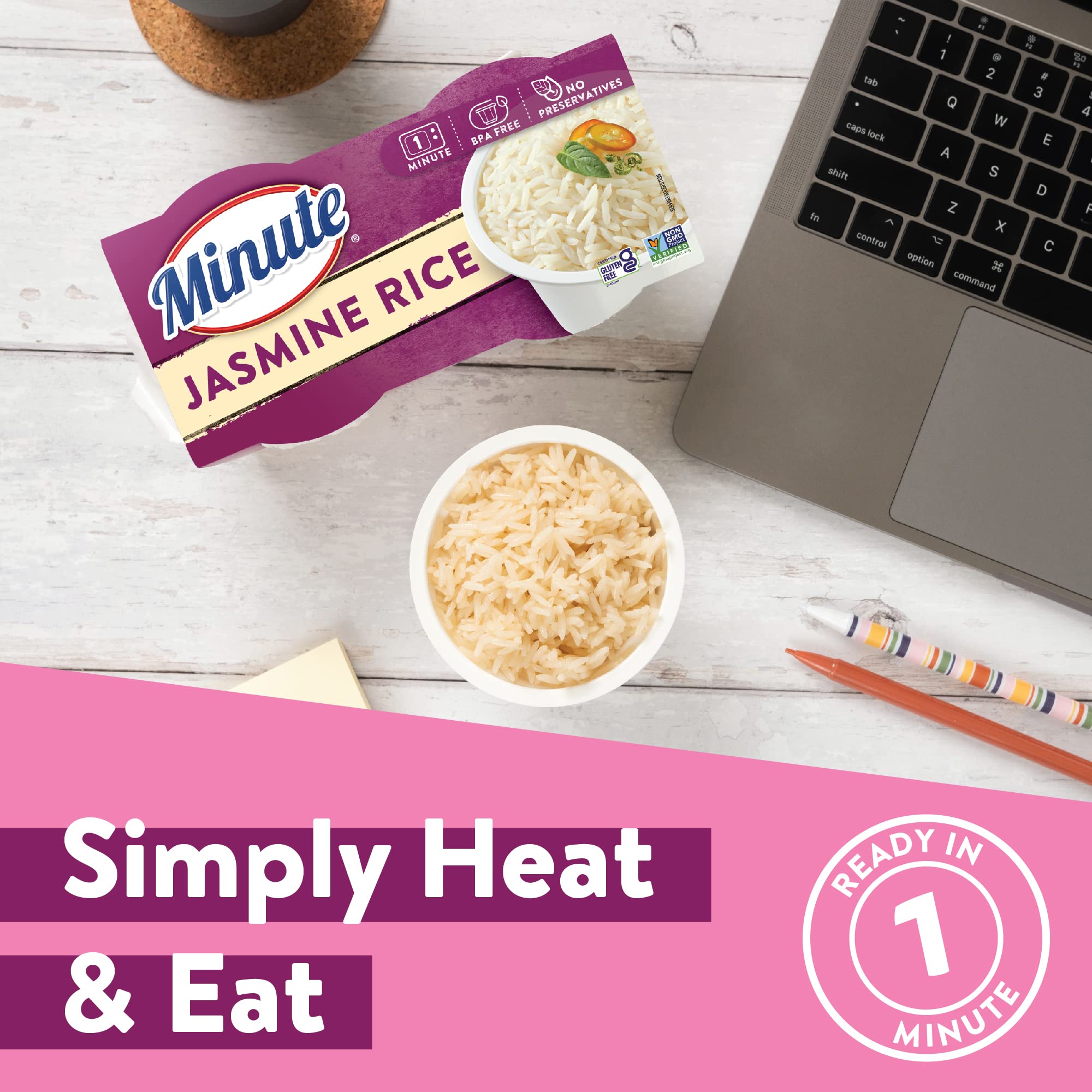 Steaming jasmine rice from Minute cups in a bowl