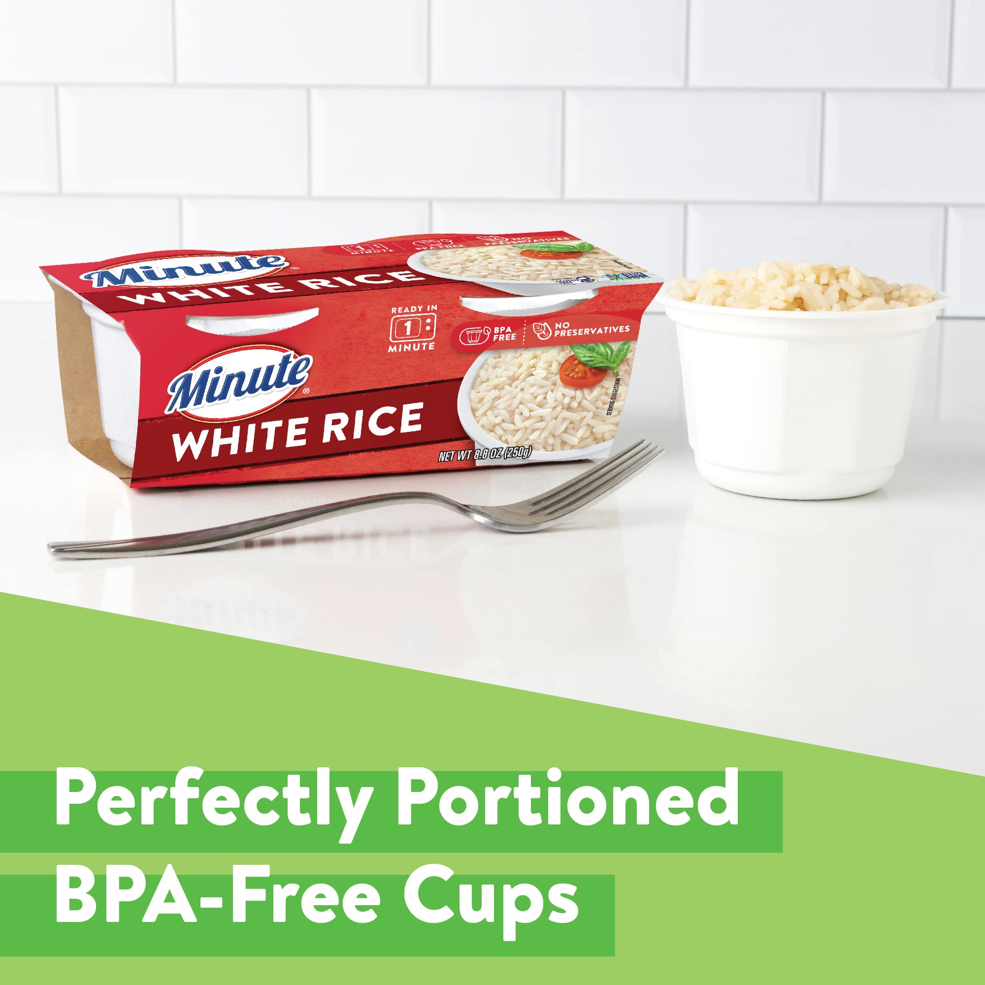 Nutrition label on Minute rice cups highlighting no preservatives and gluten-free features.