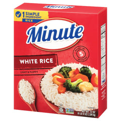 Minute White Rice box front highlights quick dinners and convenience.