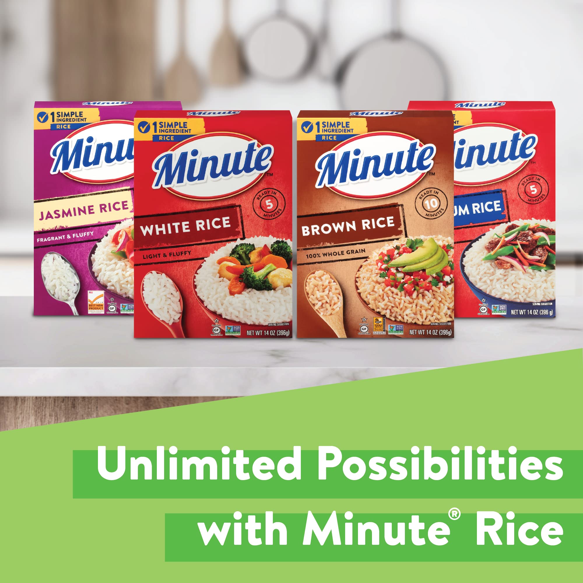 Minute White Rice packaging emphasizes single-ingredient simplicity.
