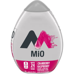 Mio Cranberry Raspberry bottle pouring flavor into water for on-the-go refreshment