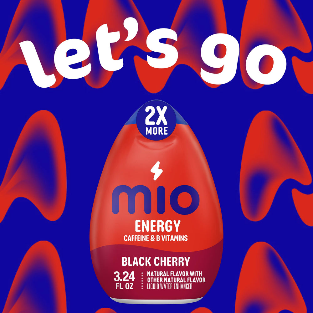 Glass of water with Mio Energy Black Cherry for a refreshing lift.
