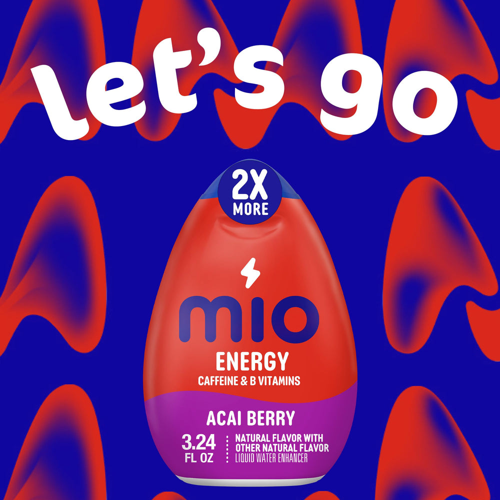 Mio Energy Acai Berry label close-up highlights natural flavor and caffeine choice.