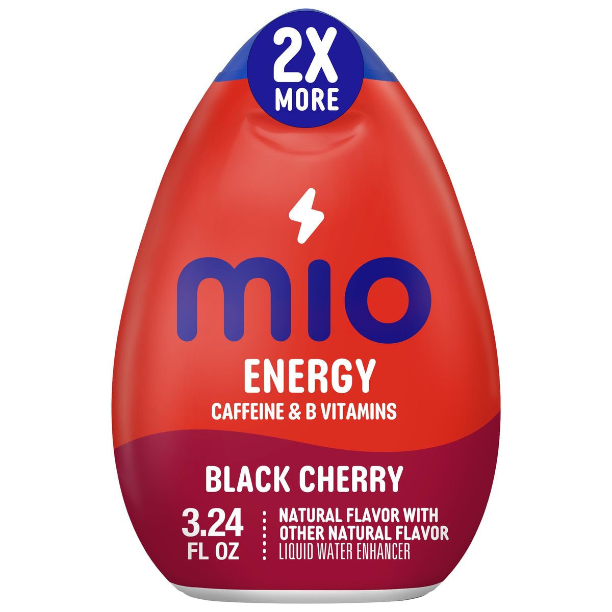 Mio Energy Black Cherry bottle close-up showing caffeine boost and hydration.