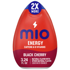 Mio Energy Black Cherry bottle close-up showing caffeine boost and hydration.