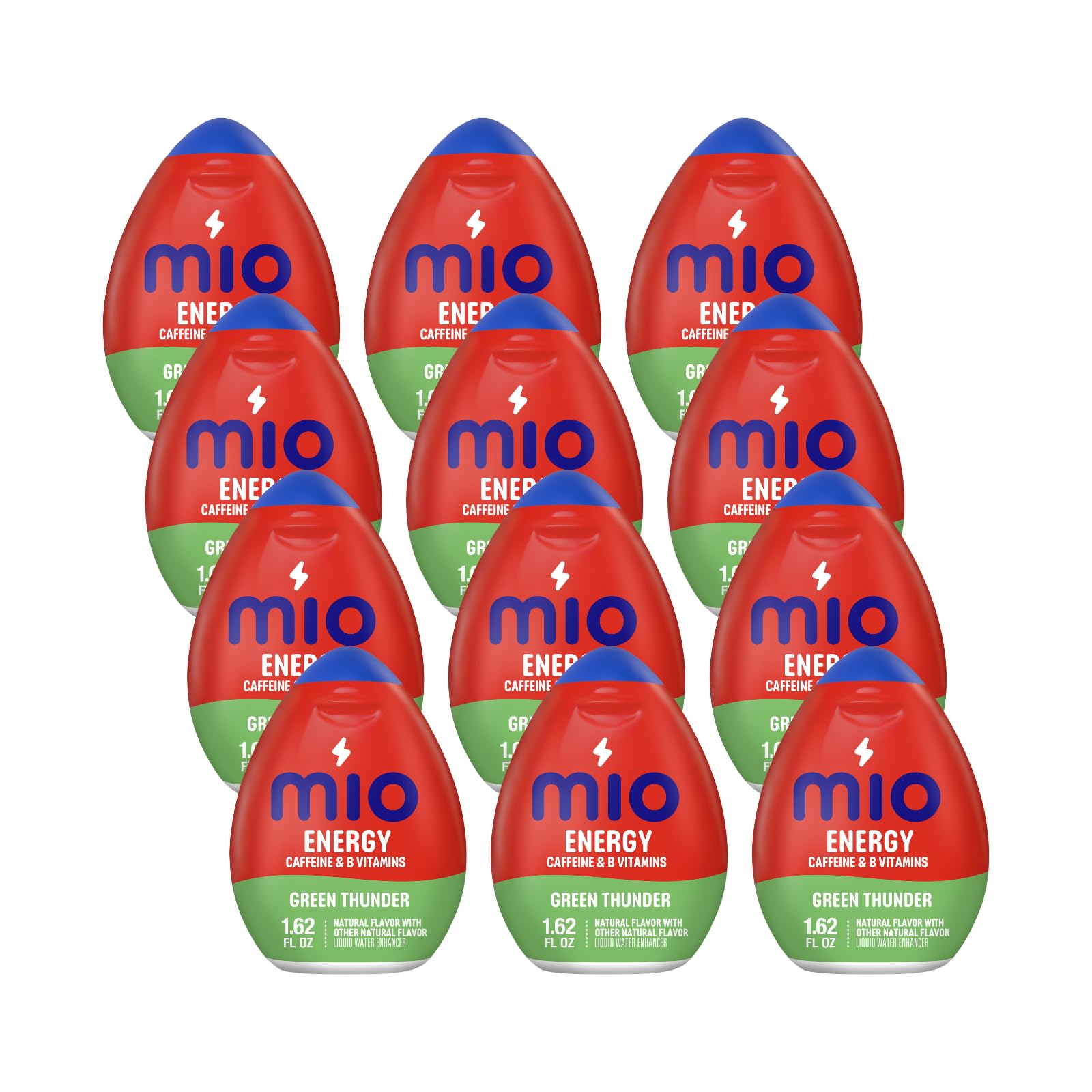 Mio Energy Green Thunder bottle close-up showing product packaging and label