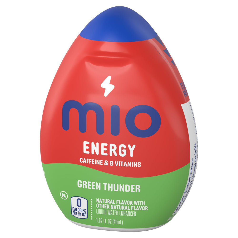 Mio Energy Green Thunder flavor swirl around a cold glass of water