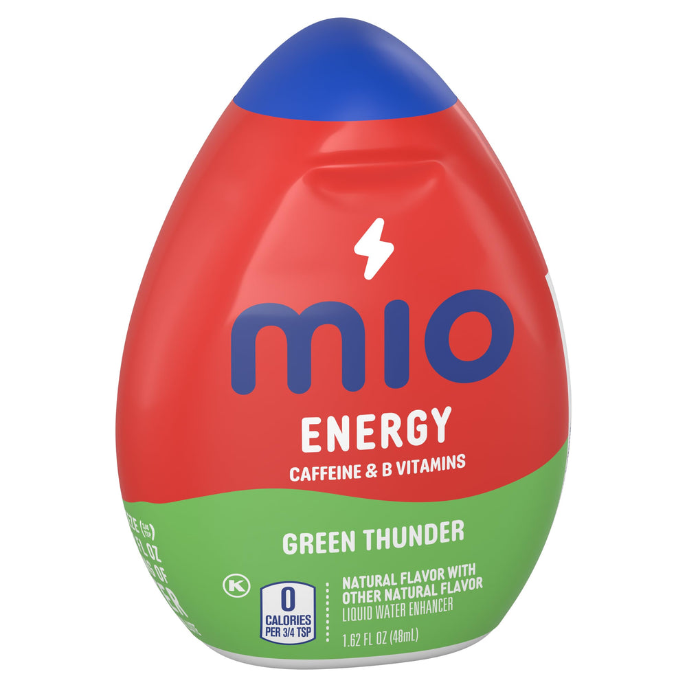 Mio Energy Green Thunder glass with water and drops creating a refreshing swirl