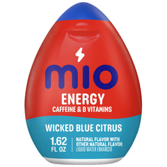 Mio Energy Wicked Blue Citrus bottle on the go for a caffeine boost with hydration.