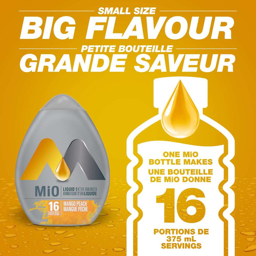 Mio Mango Peach displayed on a countertop with a water bottle.
